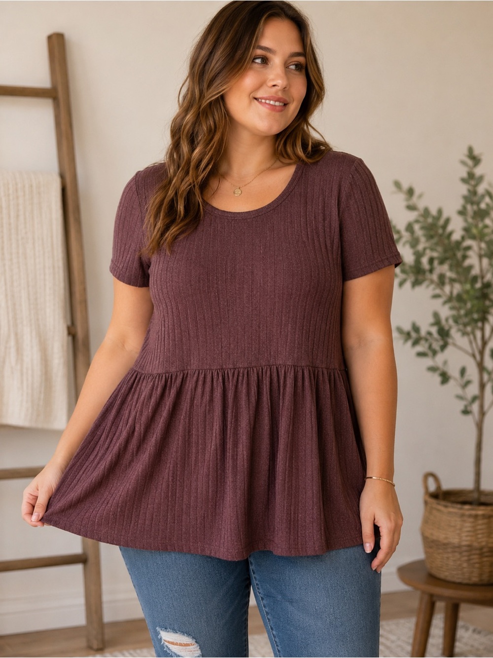 #300 just be Ribbed Babydoll Top in Plum